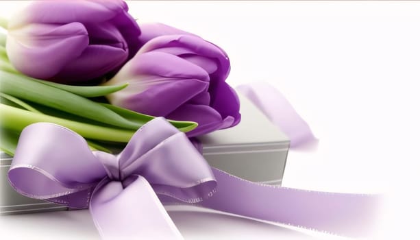 Mother's Day: Purple tulips and gift box with ribbon on white background.