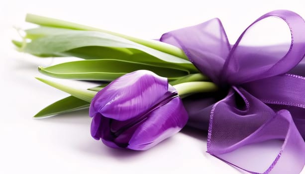 Mother's Day: Purple tulips with ribbon on white background. Close up.