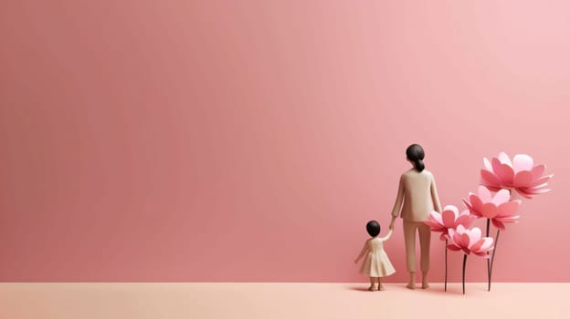 Mother's Day: 3d illustration of mother and daughter standing in front of pink background