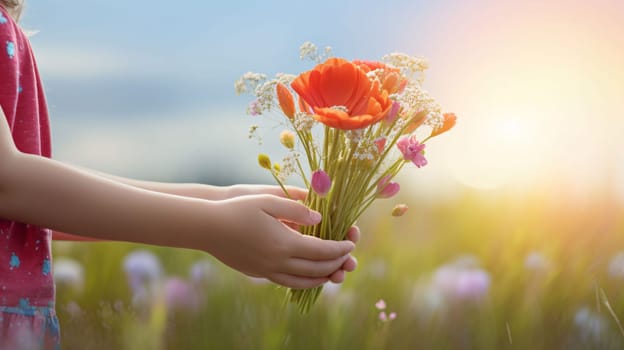 Mother's Day: Little girl holding a bouquet of flowers on the background of the setting sun