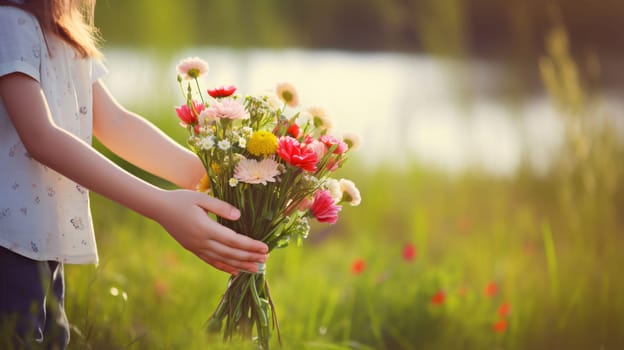 Mother's Day: Little girl holding a bouquet of flowers on the nature background.