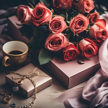 Mother's Day: Bouquet of pink roses, gift boxes and cup of coffee background