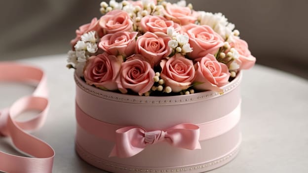 Mother's Day: Bridal bouquet of pink roses in a gift box on the table