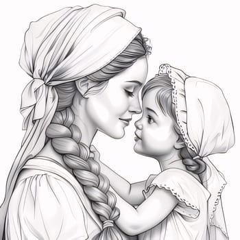 Mother's Day: Mother and daughter in white dress on a white background, drawing by hand