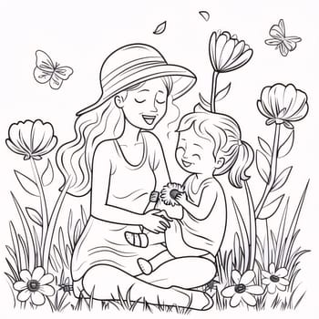 Mother's Day: Mother and daughter in the garden with flowers. Coloring book for children