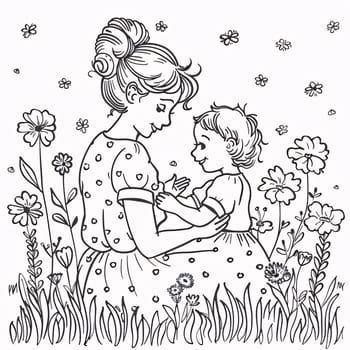 Mother's Day: Mother and daughter in the garden. Black and white vector illustration.