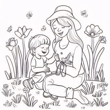 Mother's Day: Mother and son in the garden. Vector illustration. Coloring book