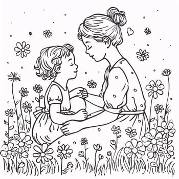Mother's Day: Mother and daughter in the meadow. Hand drawn vector illustration.