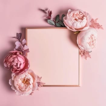 Mother's Day: Flowers composition. Frame made of pink peonies and eucalyptus branches on pastel pink background. Flat lay, top view, copy space