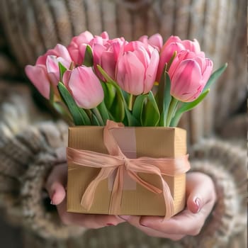 Mother's Day: Female hands holding a bouquet of pink tulips and a gift box.