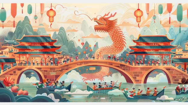 An intricate illustration of a Dragon Boat Festival with lively participants, ornate temples, and a soaring dragon against a cultural landscape