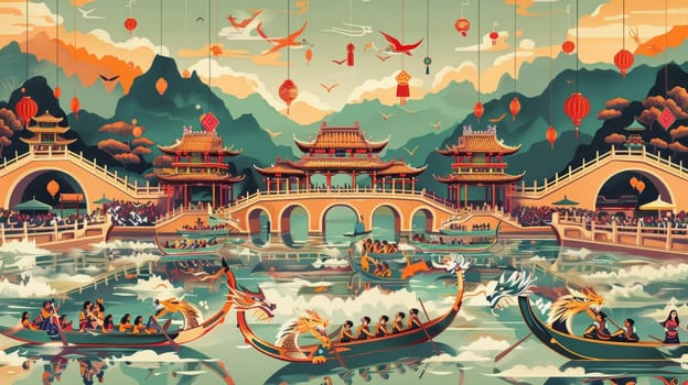 A captivating scene of dragon boats racing under traditional bridges with spectators and pagodas, set against a backdrop of rolling hills and red lanterns