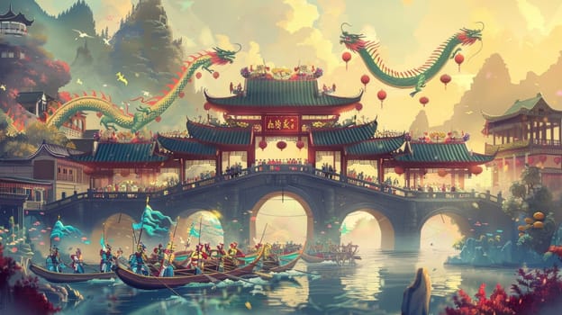 A majestic depiction of a Dragon Boat Festival, featuring ornate bridges, festive boats, and mythical dragons amidst a tranquil mountainous setting