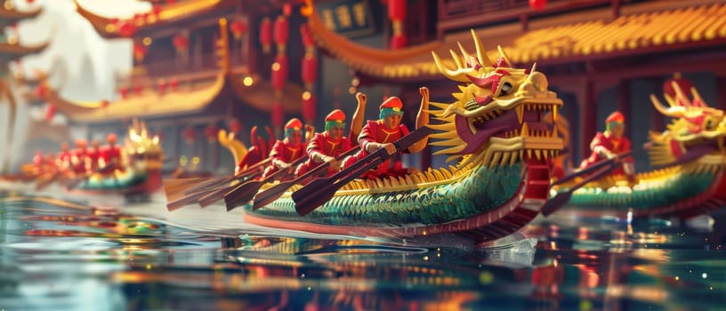 Artistic depiction of dragon boats gliding under a bridge with spectators gathering in traditional pagodas, amidst a tranquil, festive atmosphere