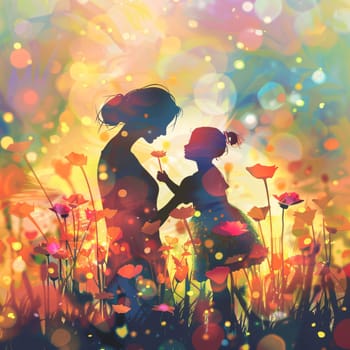 Mother's Day: Silhouette of a mother and her daughter on a meadow