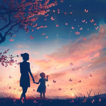 Mother's Day: Silhouette of mother and daughter on nature background with butterflies.