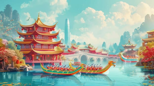 A tranquil procession of dragon boats flows by ornate Chinese architecture, surrounded by blooming flora and tranquil waters under a clear sky