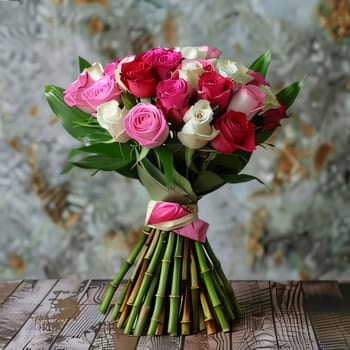 Mother's Day: Bouquet of roses in vase on wooden table, closeup