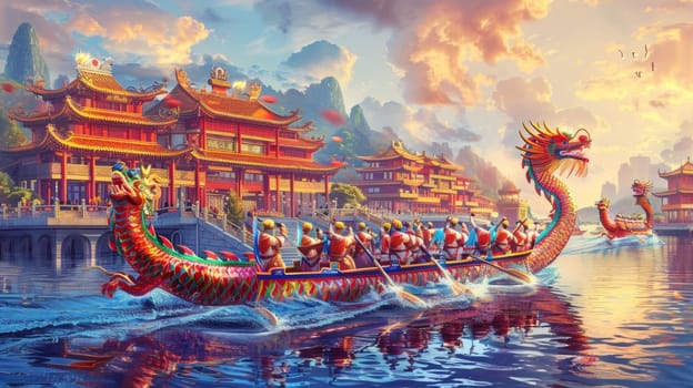 The warm glow of sunset bathes dragon boats and traditional Chinese architecture in a captivating light, as rowers race with passion and vigor