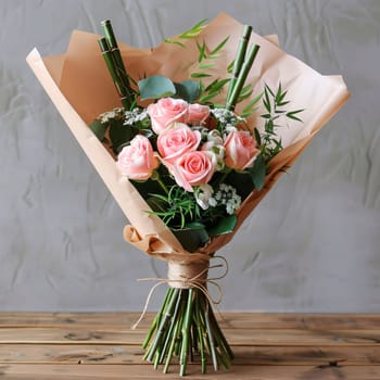 Mother's Day: Bouquet of pink roses, eucalyptus and greenery on wooden table