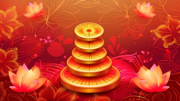 Celebratory image depicting stacks of gold coins symbolizing wealth for Akshaya Tritiya, accompanied by floating lotus flowers and a warm festive background