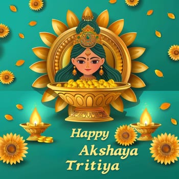 Bright Akshaya Tritiya design featuring a goddess in a gold-filled bowl, sunflowers, and oil lamps, symbolizing wealth and prosperity on a vibrant green background