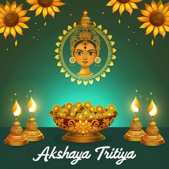 A serene illustration for Akshaya Tritiya showcasing a deity surrounded by gold coins, ornate oil lamps, and sun motifs on a soothing dark green backdrop