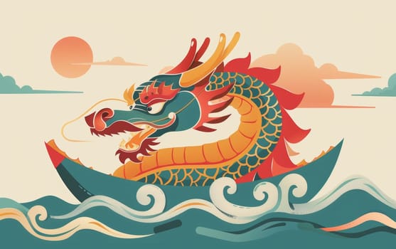 A vibrant, stylized illustration of a colorful dragon boat sailing on the sea against a beautiful sunset. Asian festival.