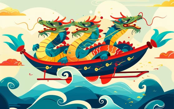 A vibrant, stylized illustration of a colorful dragon boat sailing on the sea against a beautiful sunset. Asian festival.