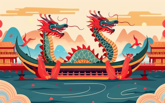 A vibrant, stylized illustration of a colorful dragon boat sailing on the sea against a beautiful sunset. Asian festival.