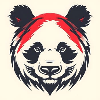 A carnivore panda with whiskers and red and black headband sits with its cartoon eyes and jaw. The panda resembles a dog in a unique art style, similar to a painting or automotive decal