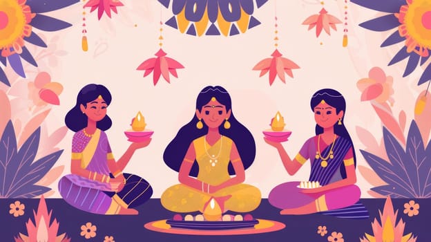 A vibrant gathering for a traditional Indian ritual with women holding diyas, set against a backdrop of decorative flowers and lanterns in a pastel setting