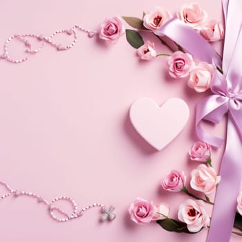 Mother's Day: Valentine's day background with pink roses, hearts and beads on pink background