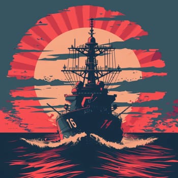 Artistic depiction of a naval warship in motion on a backdrop of a large, red sun, symbolizing military strength at sea