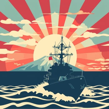 Illustrative rendering of a navy vessel cruising the ocean waves, against a dramatic sun and cloud background