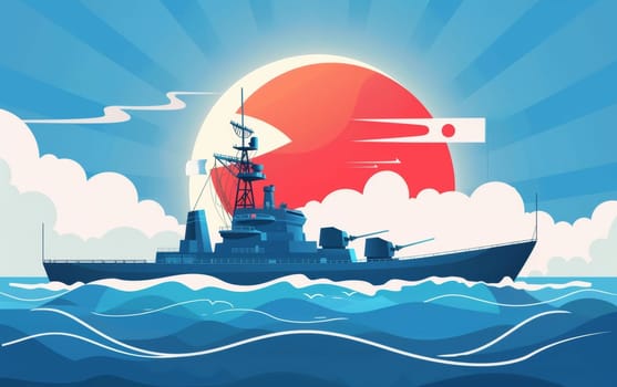 A stylized illustration features a serene sunset with a warship, displaying Japans flag, against a blue sky with fluffy clouds