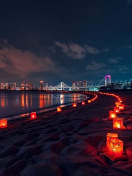 A mesmerizing trail of red lanterns along the sandy shore of Tokyo bay, with the city skyline glowing at night. Japanese Marine Day Umi no Hi also known as Ocean Day or Sea Day.