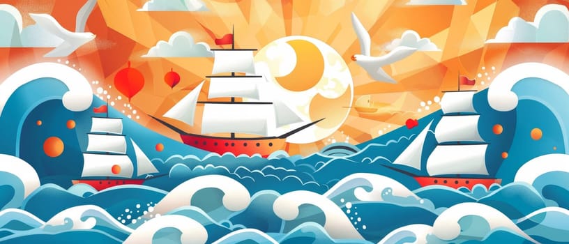An idyllic digital artwork showcasing a traditional sailing ships cruising at sunset, complemented by seagulls and calm seas