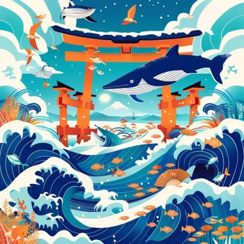 An enchanting underwater scene featuring a traditional Japanese torii gate rising from a vibrant, marine landscape teeming with diverse aquatic life and natural splendor