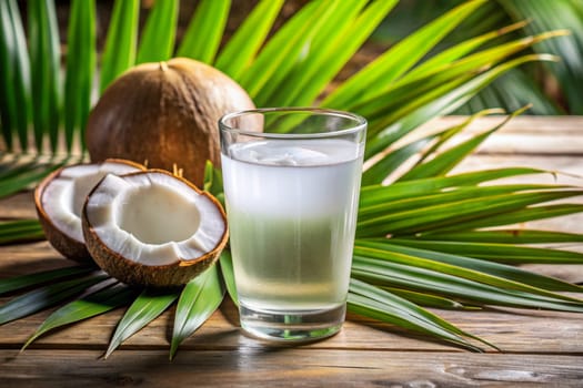 Cool coconut juice with a coconut plant background. Ai generated