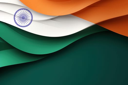 Vibrant, abstract representation of the Indian flag with flowing curves. Indian Independence Day, concept of patriotism and national pride. Copy space for text. Generative AI