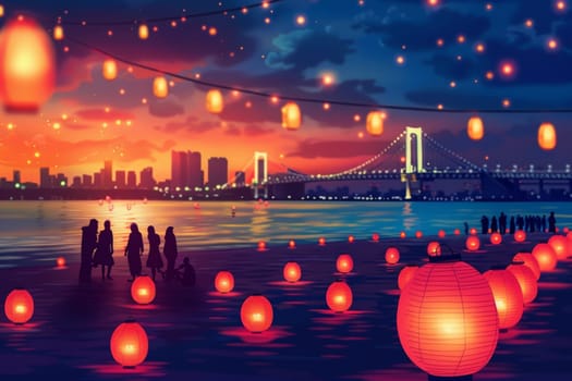 A mesmerizing twilight scene with glowing lanterns rising above the calm waters near an illuminated bridge and city skyline. Japanese Marine Day Umi no Hi also known as Ocean Day or Sea Day.