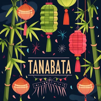 Festive night scene with bamboo and hanging lanterns, celebrating the traditional Japanese Tanabata festival