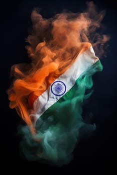 Vibrant Indian flag made from swirling clouds of orange, white, green smoke on dark background, symbolizing Indian Independence Day. Celebrating India's culture and national pride. Generative AI