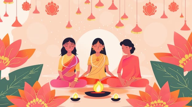 Three women partake in a tranquil puja ceremony surrounded by floating lotus lamps and blossoms, radiating a sense of harmony and devotion