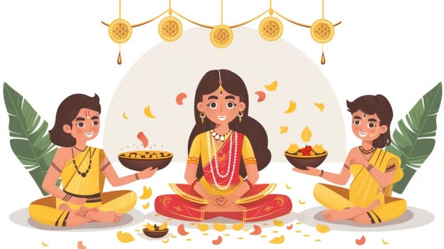 A delightful depiction of a traditional Indian ritual with children offering prayers, featuring golden hanging decorations and a backdrop of banana leaves