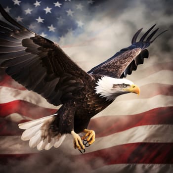 Memorial Day: Bald Eagle in flight with American flag in the background. 3D illustration.