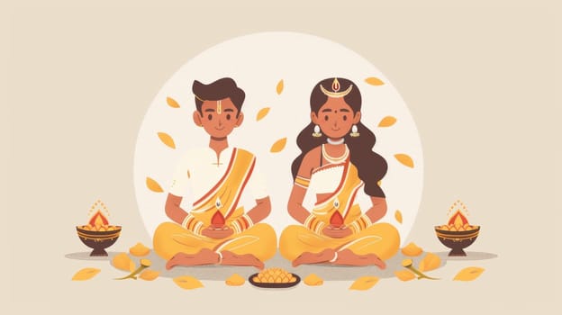 A heartwarming scene of a man and woman performing a traditional puja ceremony, with a focus on unity and spiritual offerings in a muted color palette