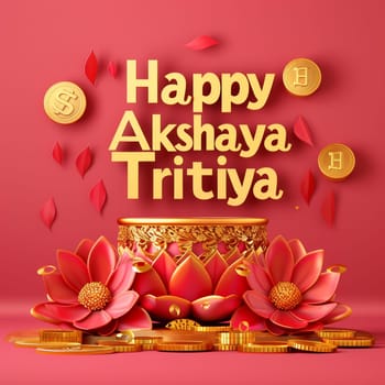 A 3D render of a festive Akshaya Tritiya greeting with lotus flowers and gold coins on a radiant red backdrop, symbolizing prosperity and good fortune