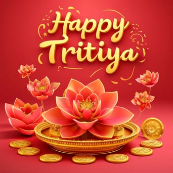A creative illustration for Tritiya featuring elegant lotus flowers and golden coins on a cheerful red background, conveying festive greetings
